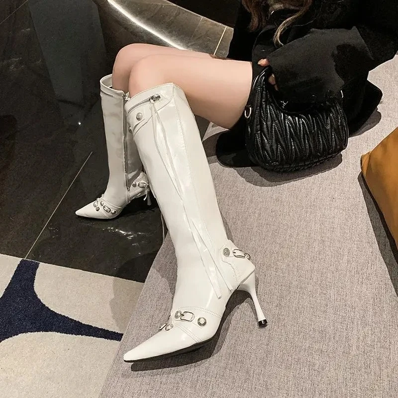 

Stiletto Heel Biker Pointed Toe Long Boots for Women Y2k Goth Chic and Elegant Trend 2025 Cosplay Pu Knee High Shaft Shoes Woman