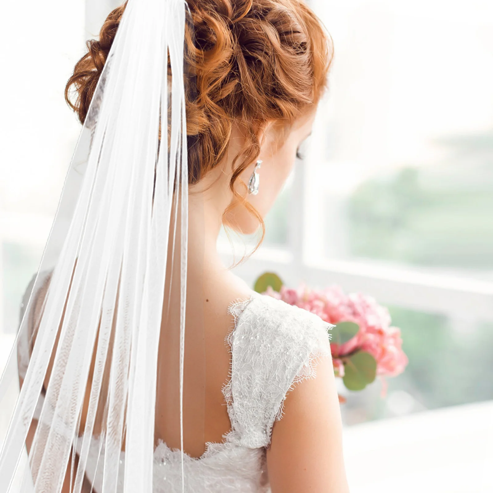 حجاب الزفاف طويل على طراز الكاتدرائية إكسسوار زفاف أنيق كلاسيكي أبيض مريح من ألياف البوليستر