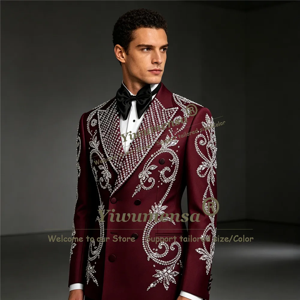 Exclusive Wedding Suits For Man Sparkly Crystals Pearls Jacket Pants 2 Piece Sets Groom Dinner Party Clothing Ternos masculinos