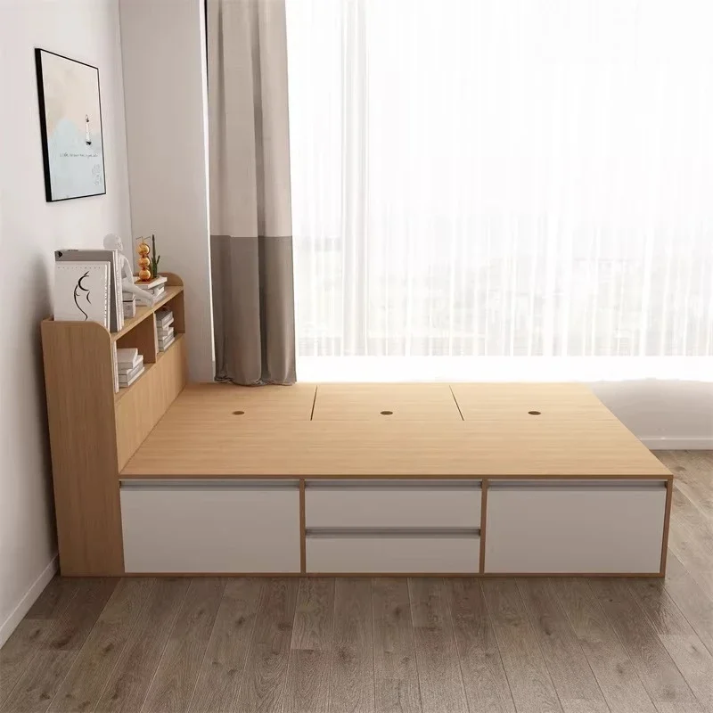 Nordic high box storage bed 1.2m single 1.5m solid wood double, bookshelf bed, with drawers, Japanese tatami storage