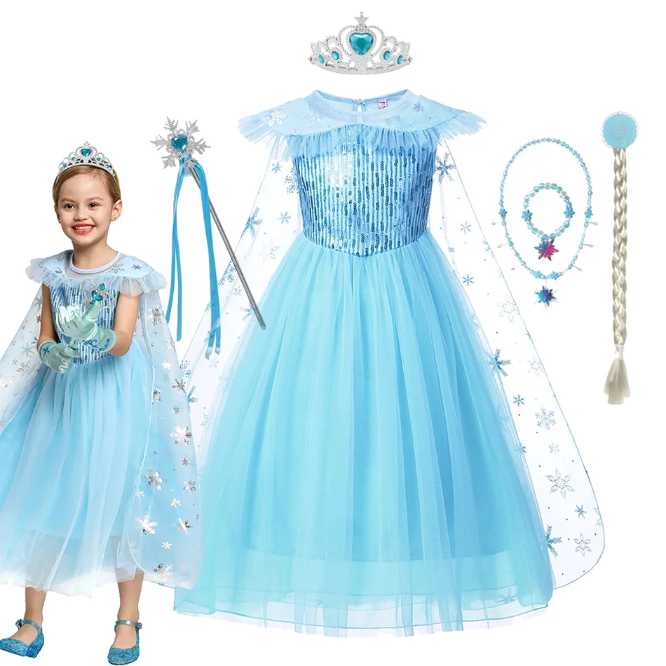 

Disney Girls Elsa Cosplay Dress Fancy Costume Girl Snow Queen Halloween Birthday Party Children Princess Clothes Cloak