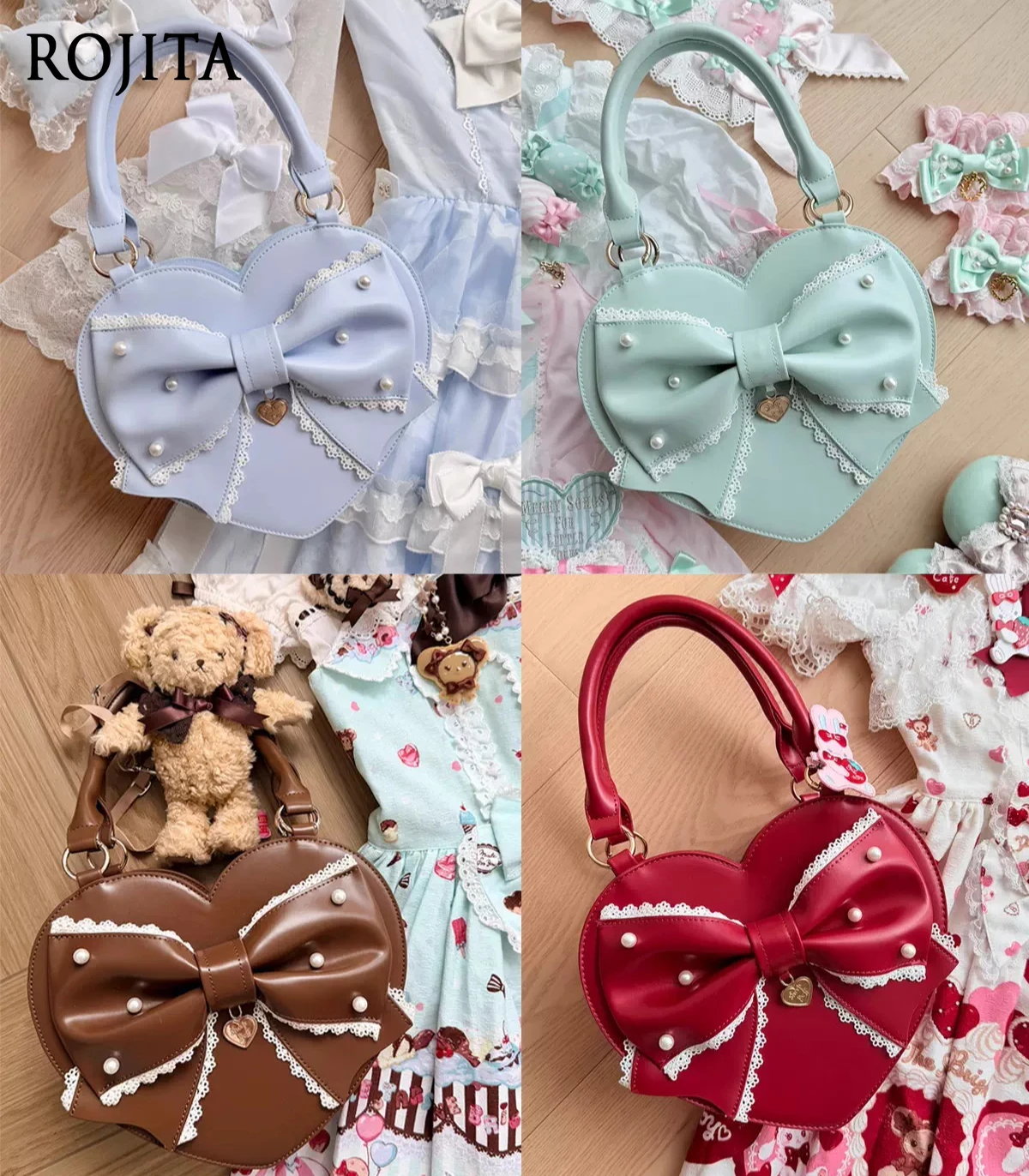 Sweet Lolita Lace Pearl Heart Shape Handbag Kawaii Bow Accent Shoulder Bag for Women Sweetheart Lolita Love Bag Crossbody Bag
