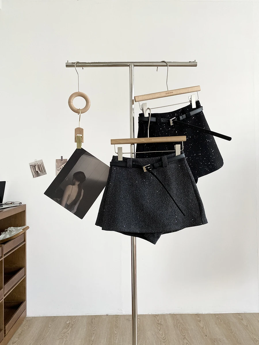 Retro Shiny Sequin Wool High Waist A-Line  Skirt Women's Autumn Winter New Pure Desire Bodycon Short Skirt Commute