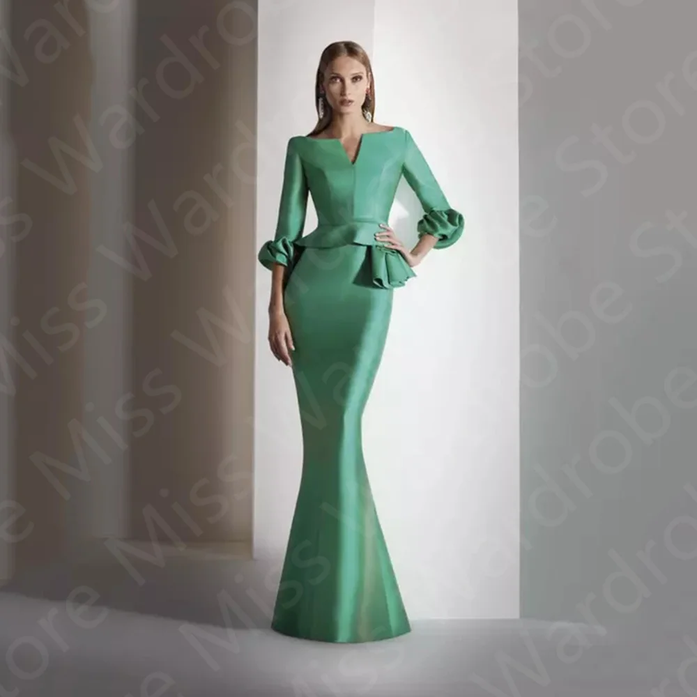 

Classic New Simple Mother Dresses Green Mermaid of the Bride Gowns 3/4 Sleeves Wedding Guest Sweep Train On Sale