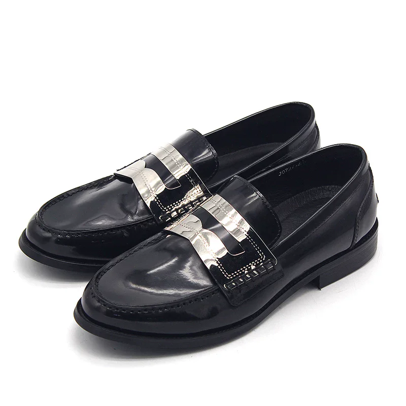 Spring and summer round toe shallow mouth ankle metal square heel loafers casual large size small size flat heel men's shoes