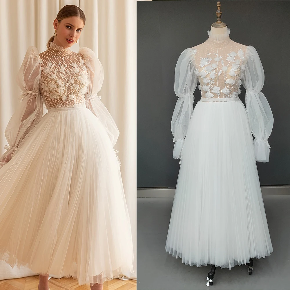 Long Bubble Sleeves High Neck Wedding Dress 3D Flowers Zipper Customized Dotted Pleated Tulle Tea Midi Length Bridal Gowns