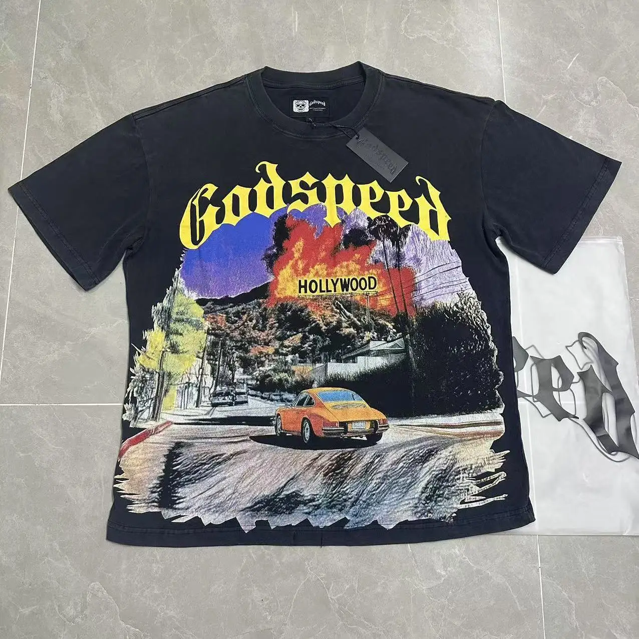Godspeed  Hills Fire Print T-Shirt Cotton Short Sleeve Worn-In Style High Street Summer Loose Fit Youth Fashion