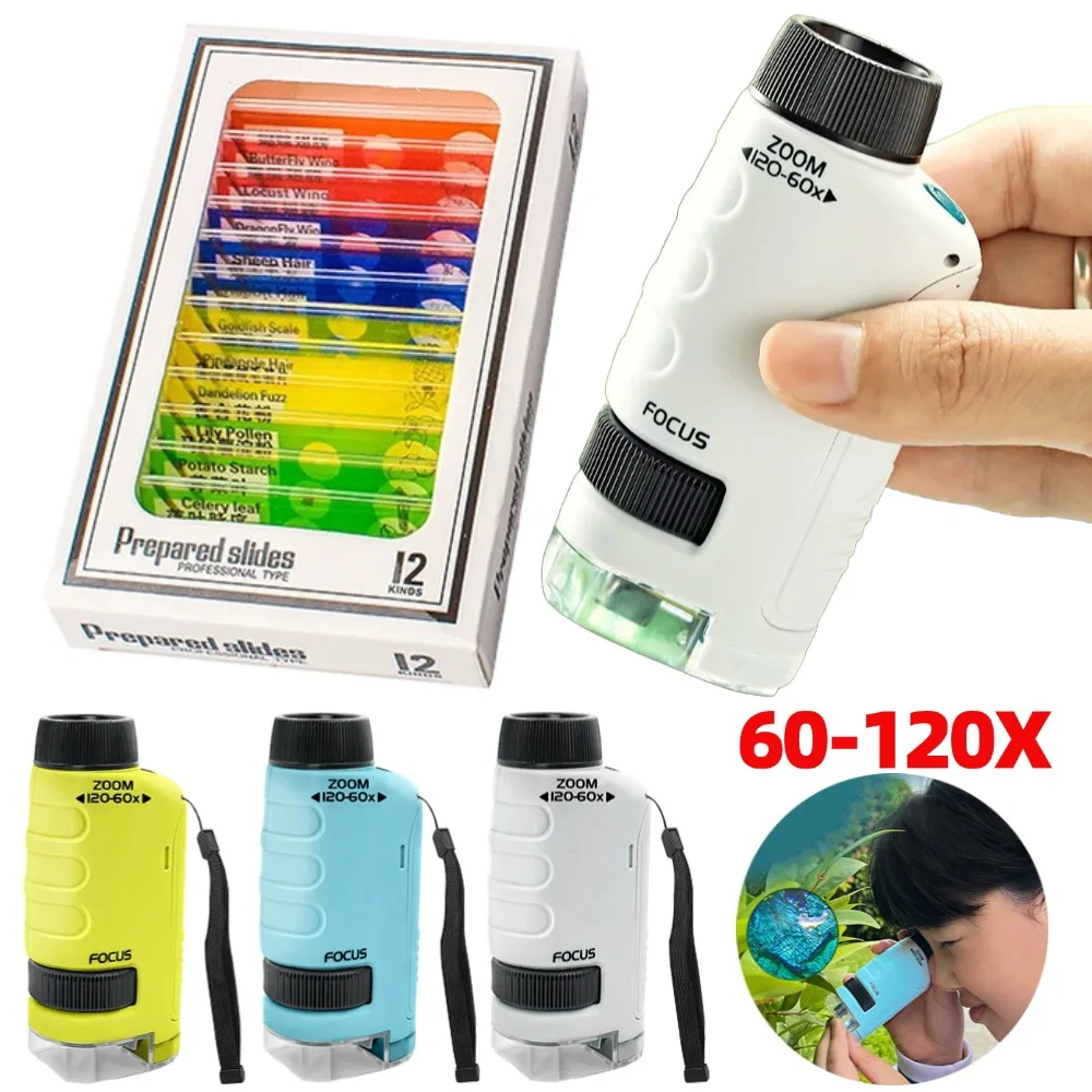Mini kit de microscópio portátil com luz led 60-120x casa escola ciências biológicas brinquedos educativos para crianças microscópio