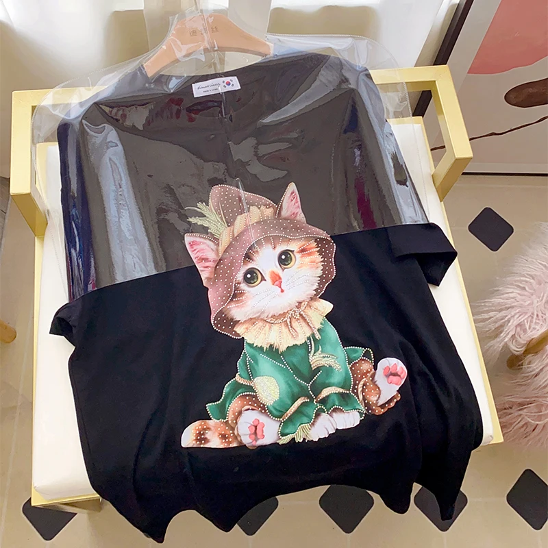 Cotton Short-sleeved Rhinestones T-shirt Women's Summer 2022 Diamonds Round Neck Plus Size Fashion Top Graphic Cartoon Loose Tee