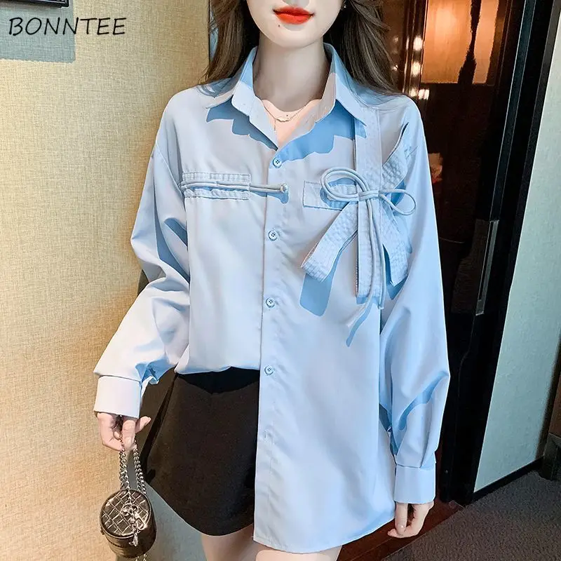 

Shirts Women Simple Bow Hotsweet All-match Y2k Tops Youthful Korean Fashion Elegant Casual Baggy Camisas Mujer Aesthetic Ins