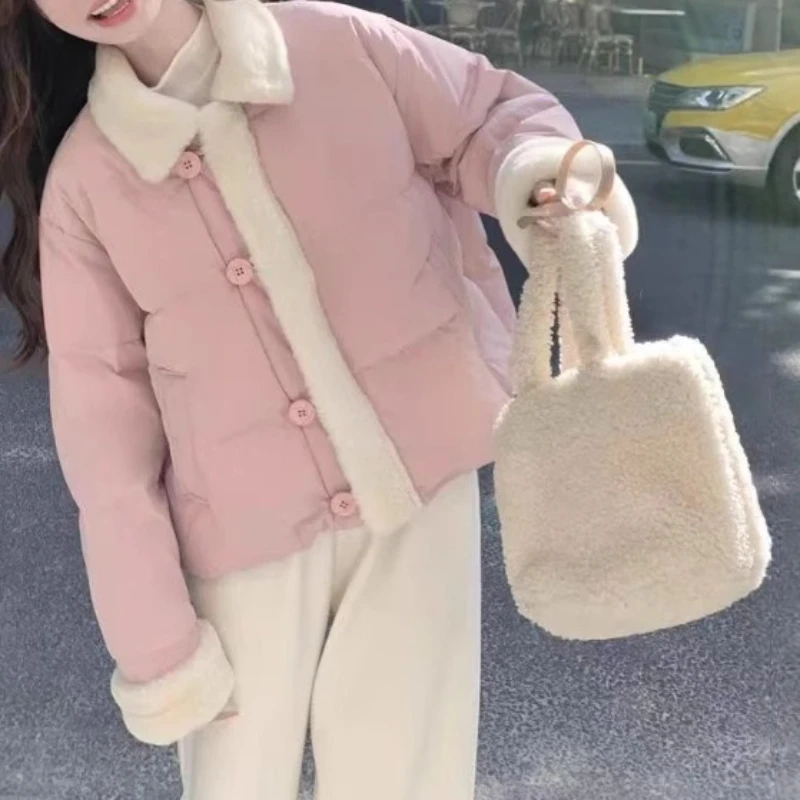 

Fashion New Lamb Splicing Down Cotton Jacket for Women Autumn Winter Short Cotton Coat Parkas Windproof and Warm Overcoat