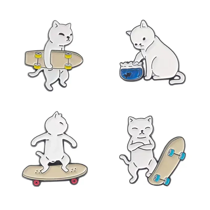 Cartoon Black White Cat Enamel Pins Badges with Animals Playing Skateboard Funny Pins Backpack Jewelry Brooch for Kids Wholesale