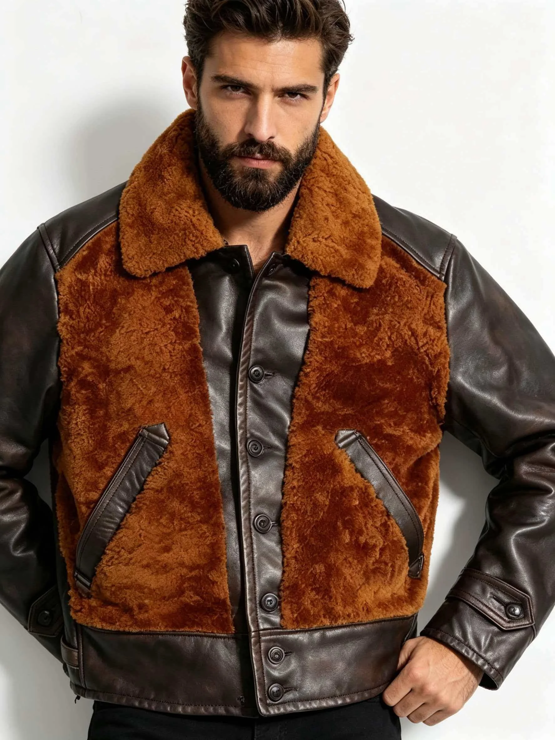 Brown Winter Shearling Jacket Men Retro Style Plus Size 5XL Genuine Natural Horsehide Thick Warm Single Breasted Spliced Coat