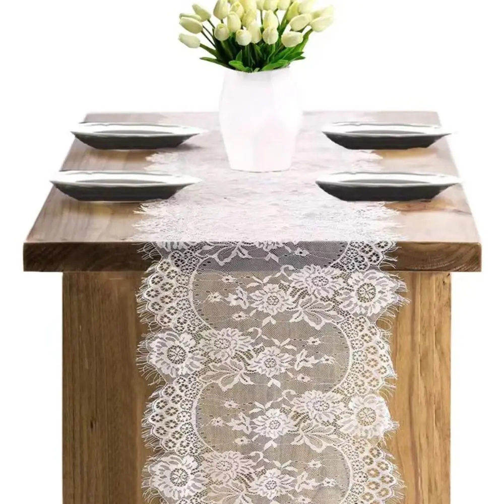 White Color Lace Table Runner Floral Embroidery European Style Vintage Table Runners Soft Comfortable Lace Floral Table Runners