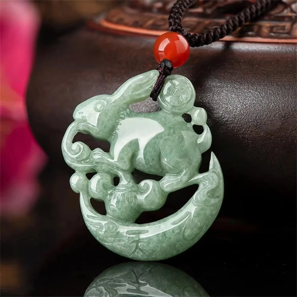 

Natural A-goods Jadeite Zodiac Rabbit Ice Pendant Simple Exquisite Mascots Fashion Jewelry Best Selling Handicraft Holiday Gift