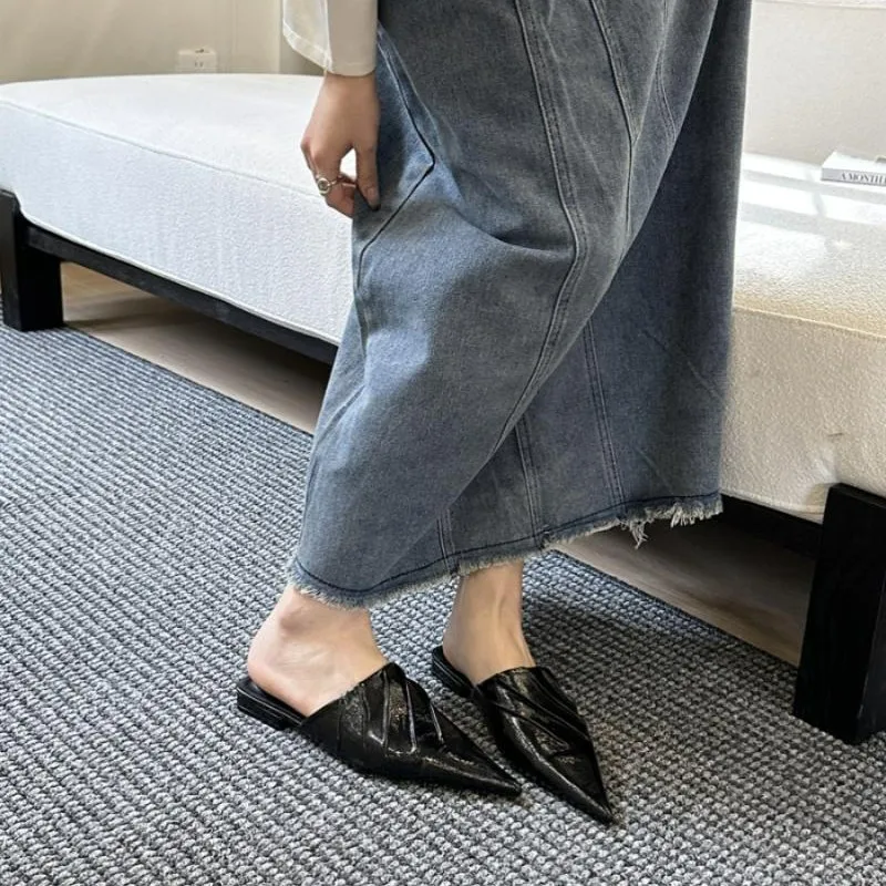 Pointed Toe Low Shoes For Girls Ladies\' Slippers Slipers Women Cute Flat Cover Summer 2025 Slides PU Pleated Hoof Heels Fabric R