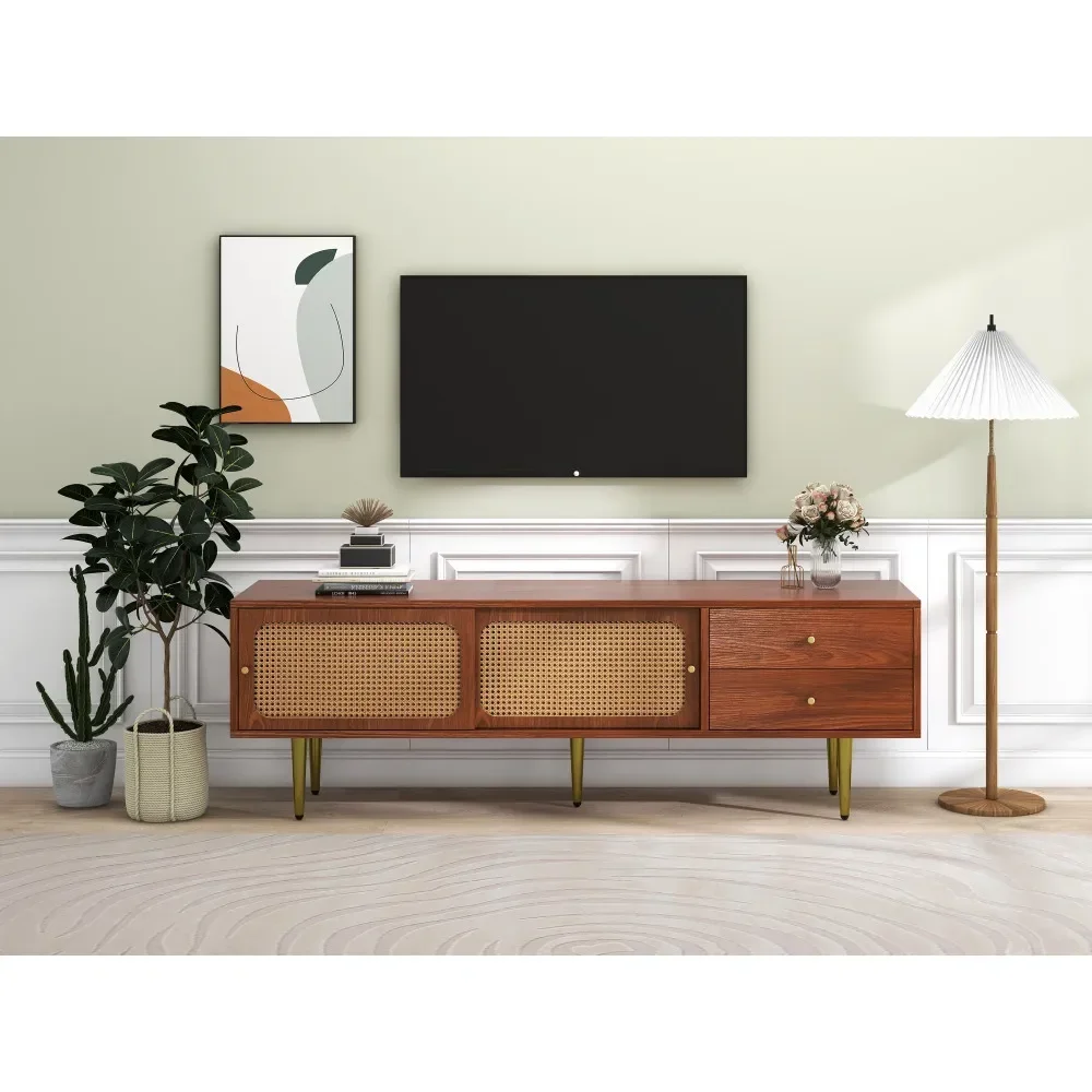 Moderner TV-Ständer mit Rattan-Schiebetüren, praktischer Stauraum, dunkles Rattan-Design aus Walnussholz – Detail 14