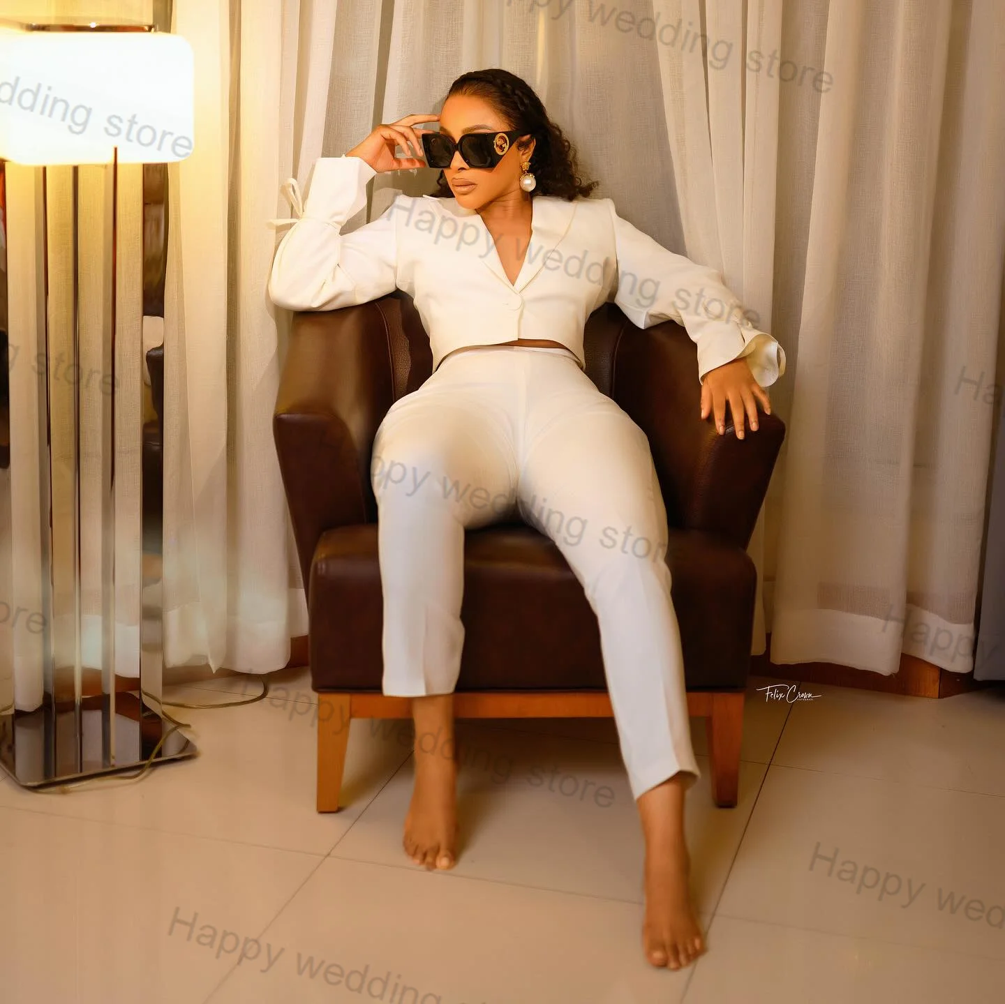 

Designer White Women Suit Pants Set 2 Piece Short Blazer+Trousers Cotton Bow Sleeves Formal Office Lady Wedding Tuxedo Tailored