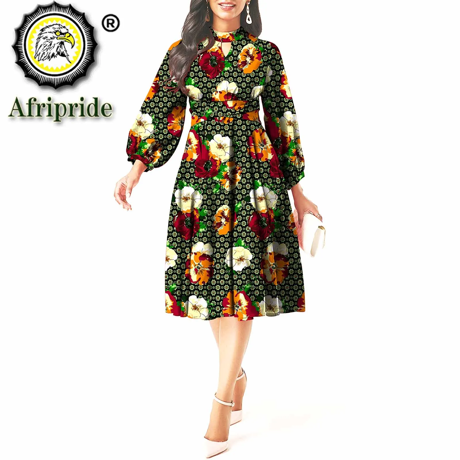 African Print Dresses for Women Long Sleeve Formal with Belt Ankara Attire Plus Size Casual Bazin Riche Outfits S2025073