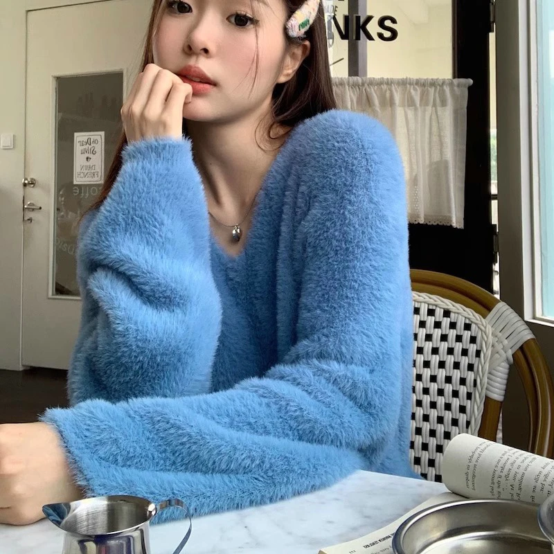 Brush Mohair Pullover Sweater Women Long Sleeve Fuzzy Knit Plain Jumper Knitwear Teen-girl Fall Winter Daily Outfit