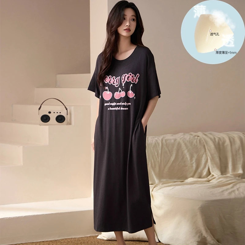 2024 Summer Short Sleeve Modal Print Nightgowns for Women Korean Loose Long Dress Sleepwear Nightdress Night Dress Home Nighty