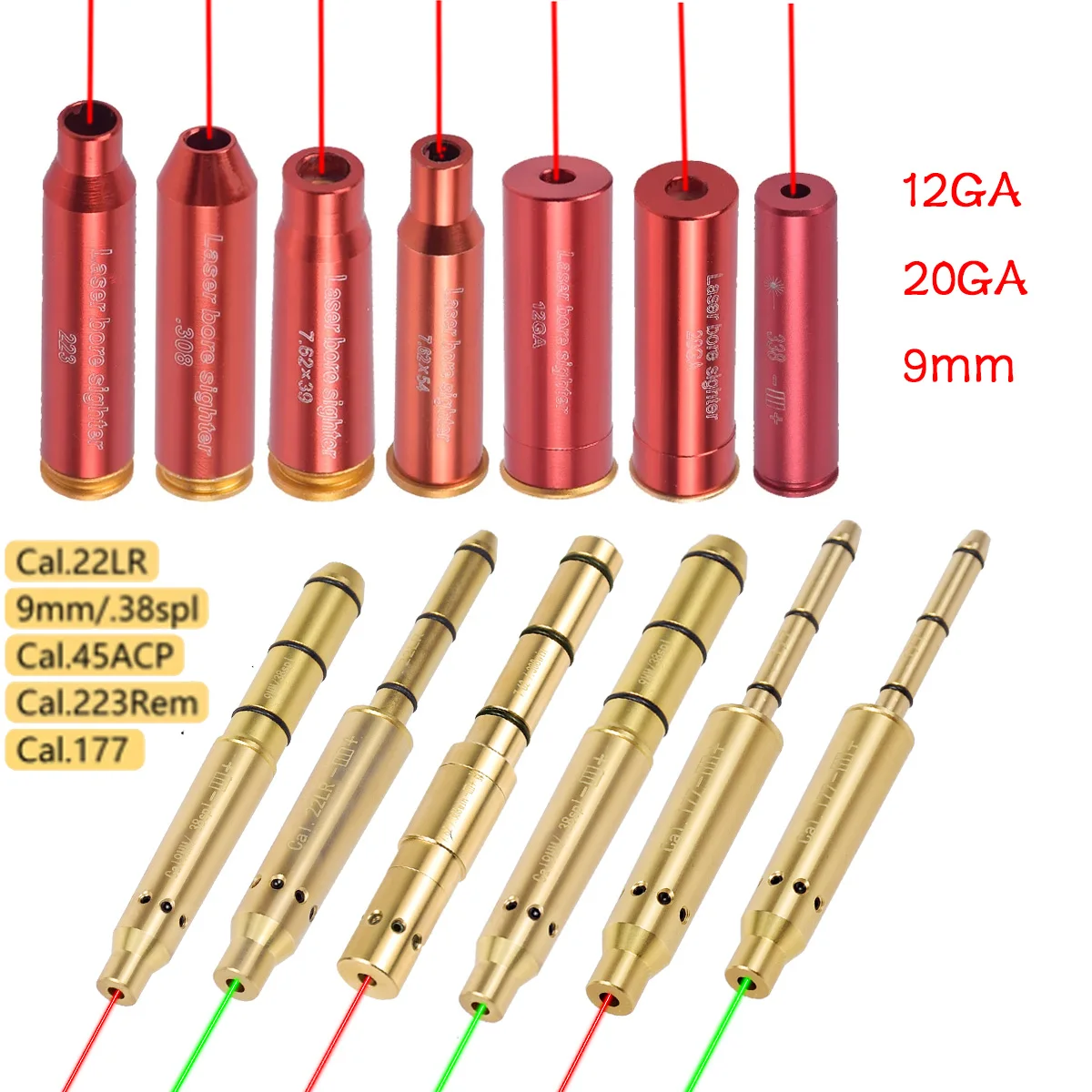 Tactical Red Bore Laser Sight Boresighter .177 .22LR 12GA .38spl 20GA .308 9MM .45ACP Rifle Hunting Caliber Glock 17 19 1911