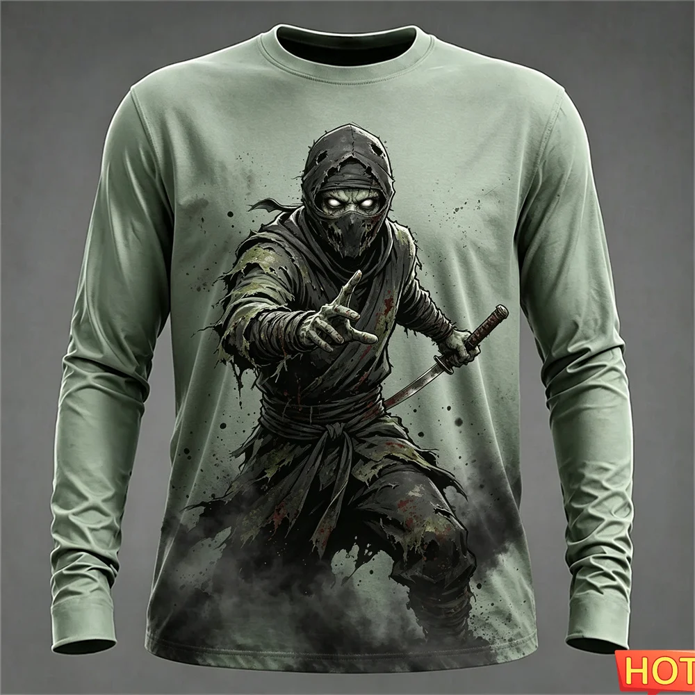 Autumn winter Men's Long sleeved T-shirts Halloween 3D Samurai Street T-shirt tops Cotton Graphic Halloween Gift T-shirt for men