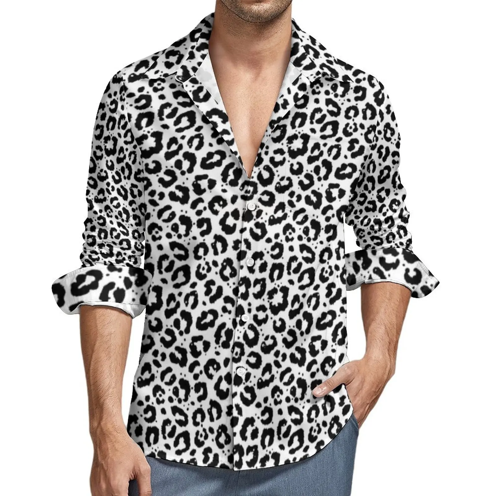 Black White Leopard Print Casual Shirt Mens Animale Snow Cheetah Y2K Funny Shirt Autumn Vintage Blouse Design Oversized Clothes