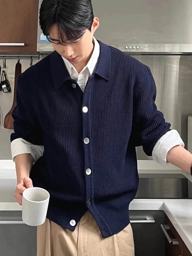 American Style Retro Knitted Jacket Men's Long Sleeve Open Cardigan Collar Button Workwear Sweater Outerwear Texture Sensation