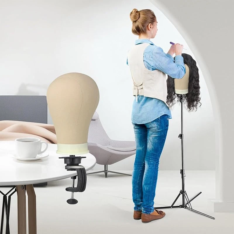 حامل عرض شعر مستعار مانيكين، رأس عارضة أزياء قماشية، نموذج مع فتحات تثبيت لصنع الشعر المستعار، الوشاح، صالون التجميل #6