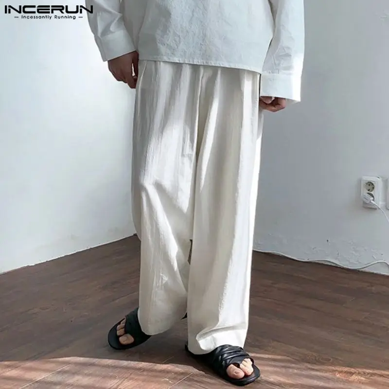 Incerun-calça reta de algodão e linho para homens, estilo coreano, longo, casual, simples, cor sólida, solta, tamanho s-5xl, 2021