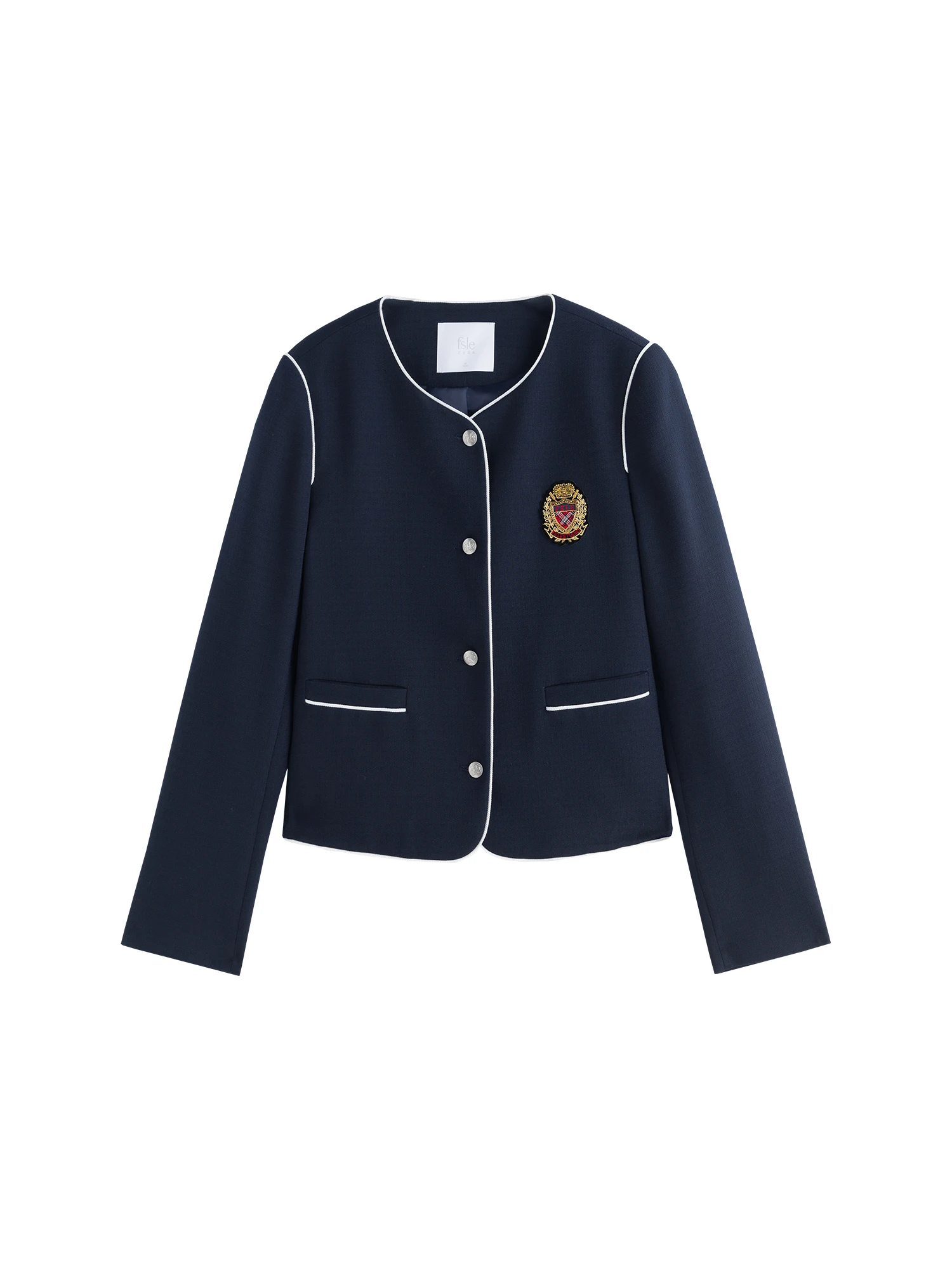 FSLE Women Short Jackets College Style Round Neck Single Breasted Coat Autumn New Office Lady Navy Blue Tweed Coats 24FS13166