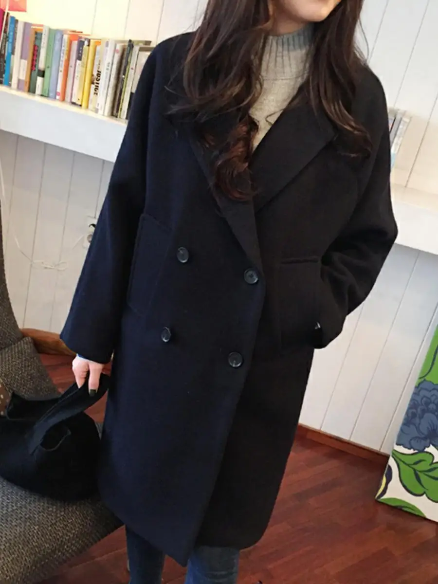 

Thiened Woolen Coat for Women Student Mid-Length Double-Breasted Button Design Winter Faion Outerwear Ladies Coat