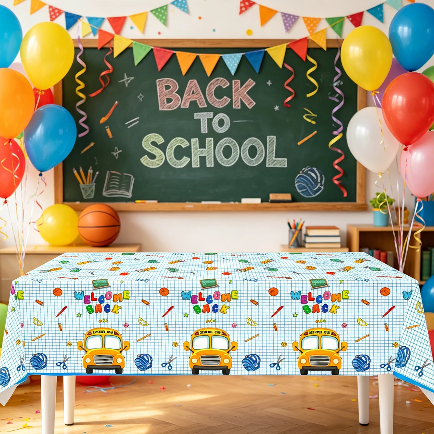 Welcome Back to School Disposable Plastic Tablecloth, Lined Notebook Grid School Bus Pattern Rectangular Table Cover, First Day