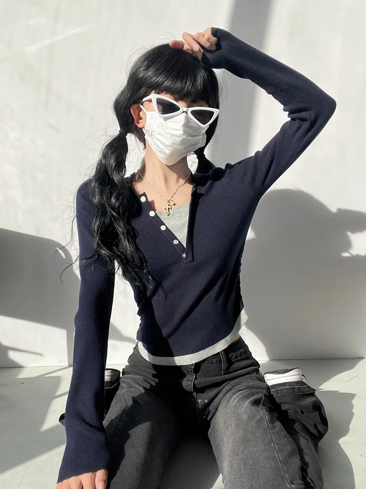 American ABG Spicy Girl Sle lavorato a maglia Ne Hanging irt Slim Fit oulder High Long Sve Base irt Street Sle ort Lunghezza