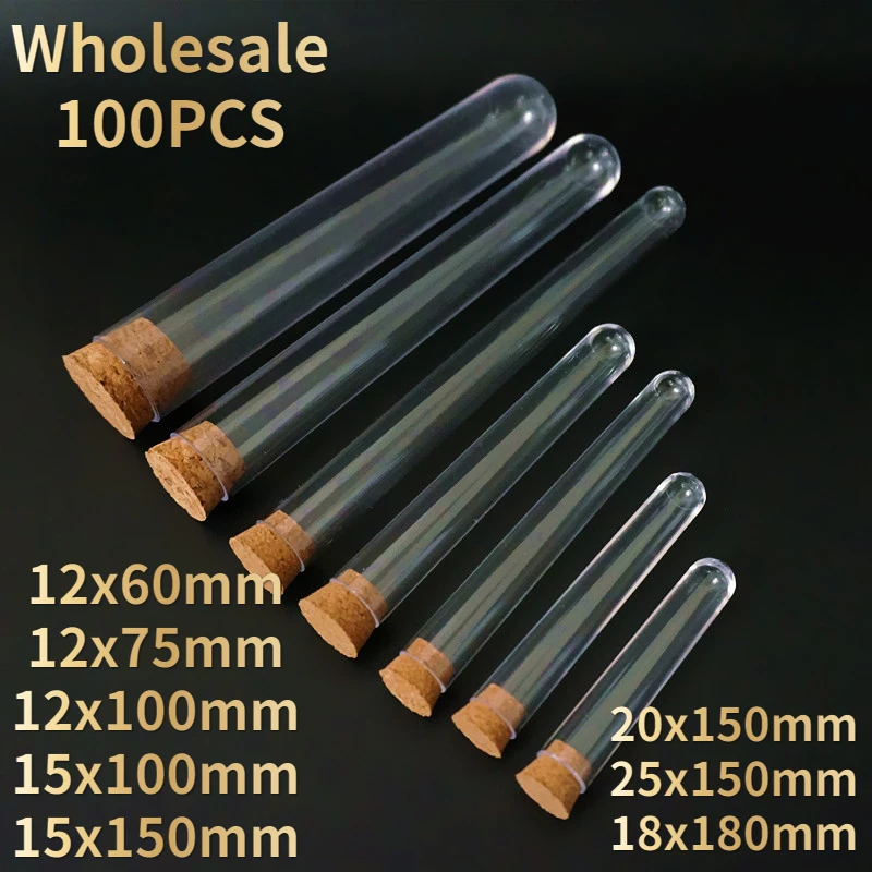 100Pcs Plastic Test Tubes with Corks Dia 12mm To 25mm Transparent Party Candy Bottle with Round Bottom,Wedding Gift Vial