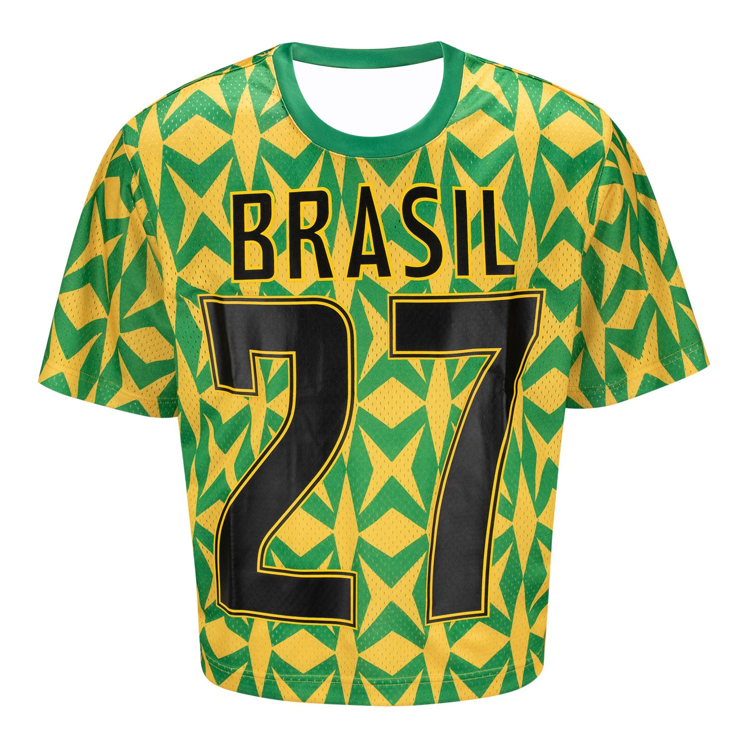 Women's Brazil 2027 Football Fan Jersey Yellow Green Geometric Print Mesh Short Sleeve Crew Neck Soccer Shirt Retro Streetwear