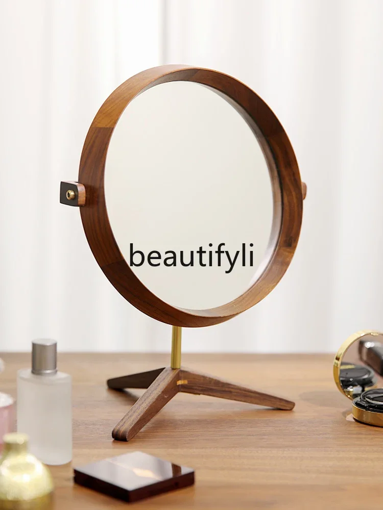 Solid wood desktop vanity mirror high definition retro light luxury black walnut large round mirror