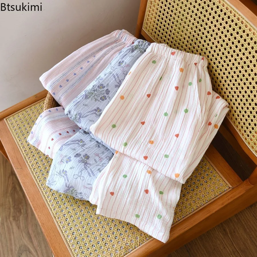 2026 New Spring/Summer Women's Sleeper Trousers 100% Cotton Crepe Sweet Printed Pants Thin Home Pants Bottoms Womens Sleepwear