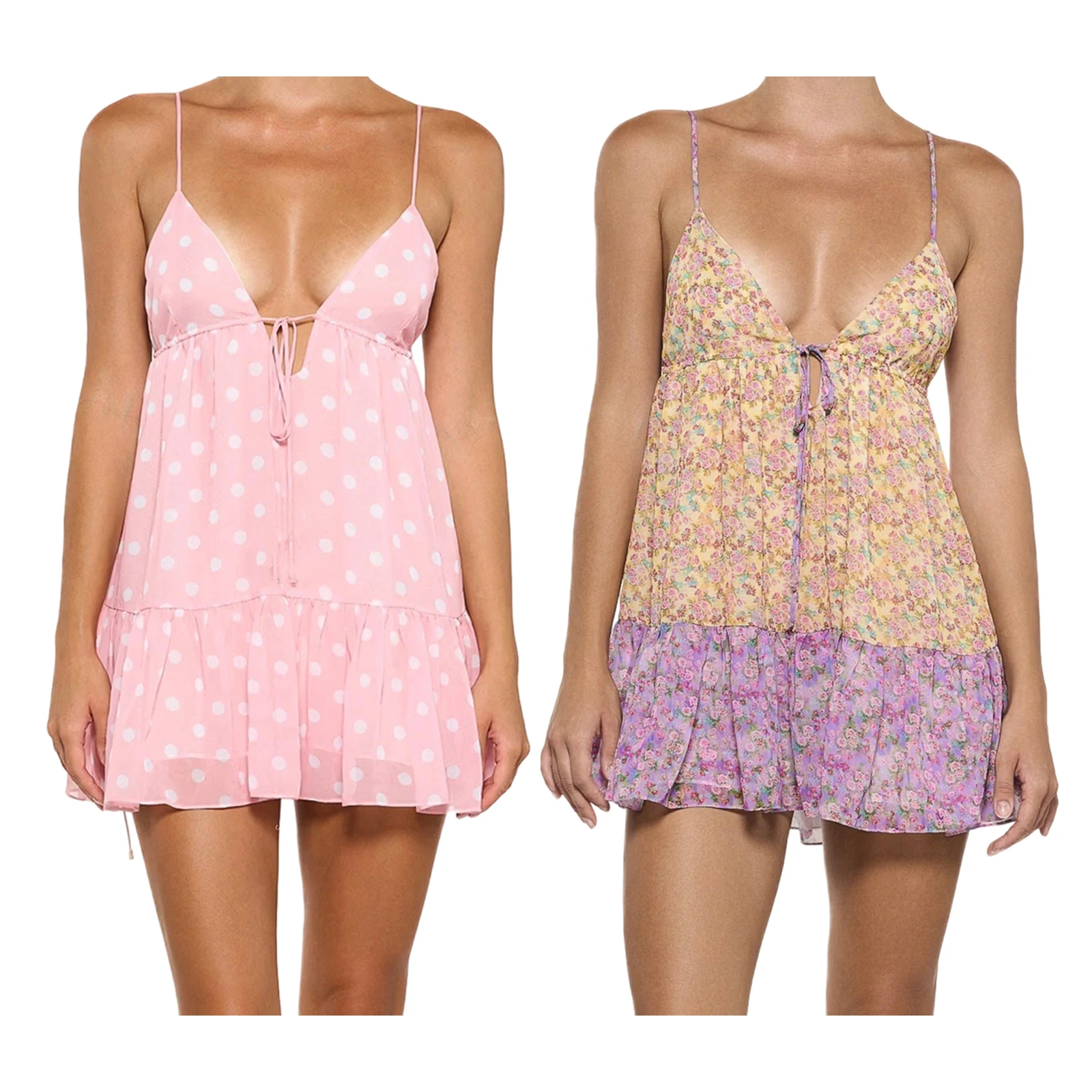 Combhasaki 女性夏ノースリーブ美的花柄/ドットプリント蝶ネクタイ V ネックバックレスフリル裾ショートミニ A ラインキャミドレス