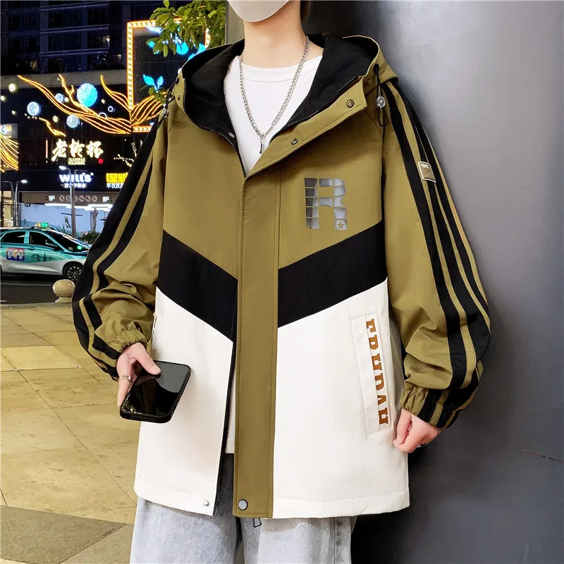 2024 New Men Clothing Men's Jacket Patchwork Fashion Striped Hooded Coat Outdoor Male Clothing Sports Zipper Casual Men Top