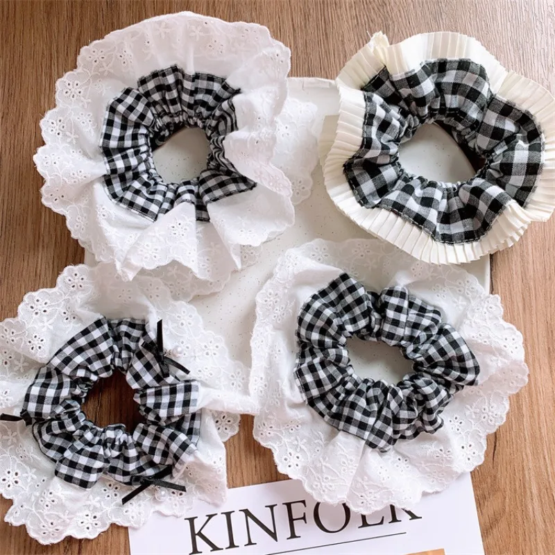 

Vintage Black White Plaid Large Lace Ruffle Hair Ties for Girls Sweet Elastic Ponytail Holders Gentle on Hair Daily Accessories