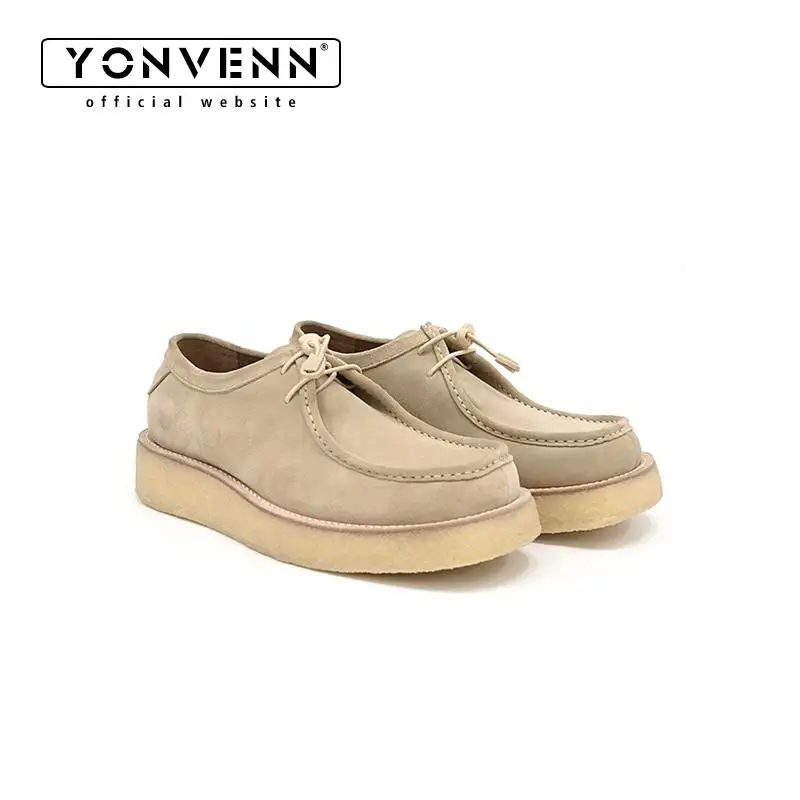 New retro suede loafers men's lace up thick soled square toe camel colored casual leather shoes for work and commuting