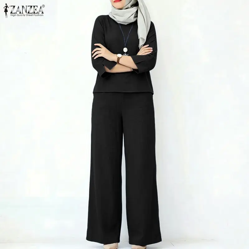 Fashion Muslim Sets ZANZEA Ramadan Hijab Outfits Women Casual O Neck Long Sleeve Tops Pants Sets 2 Pieces Sets Modest Outfits