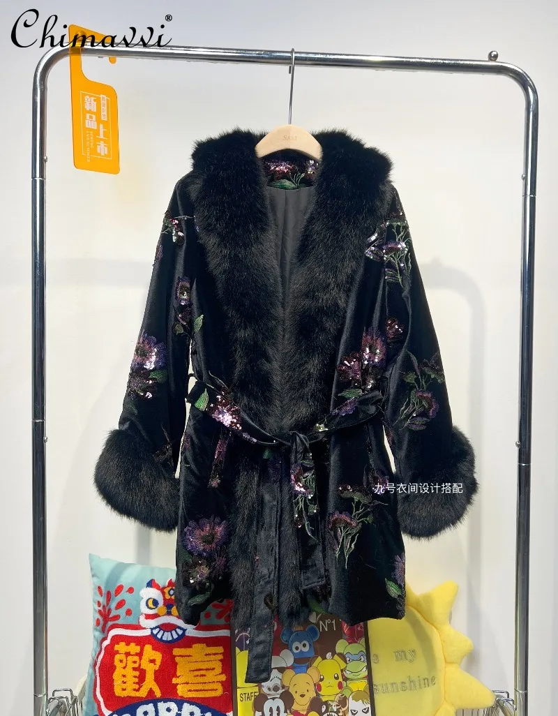 

Chinese Style Retro Velvet European Mink Coat for Women Autumn Winter New Heavy Embroidery Sequins Loose Mid-Length Fur Jacket