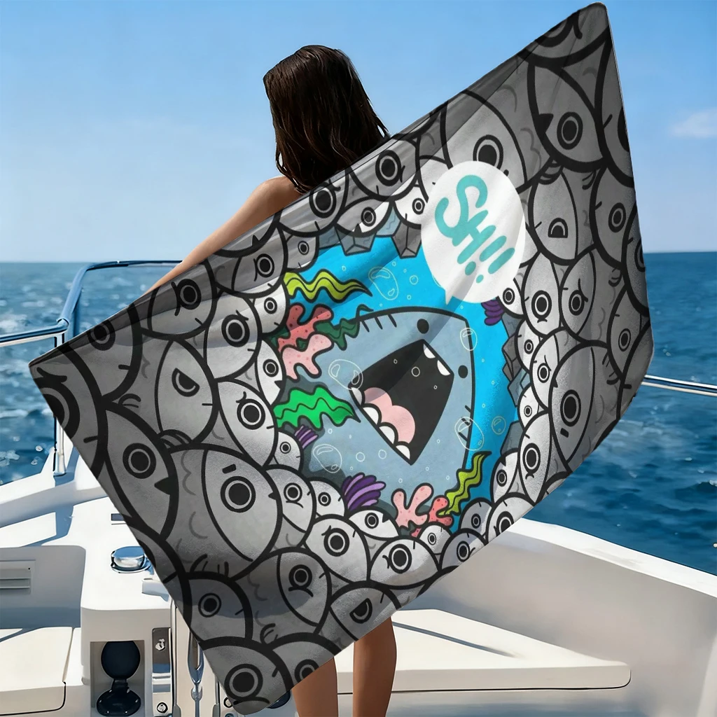 1PC Cartoon Shark&Fish Beach Towel Quick-drying Towel Suitable for Seaside Pool Camping Vacation Yoga For Family Friend Children