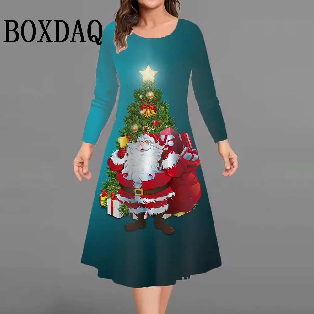 

Милые платья с принтом Санта-Клауса из мультфильма для женщин, зима 2025 года, свободное платье с длинными рукавами больших размеров, повседневное платье для рождественской елки