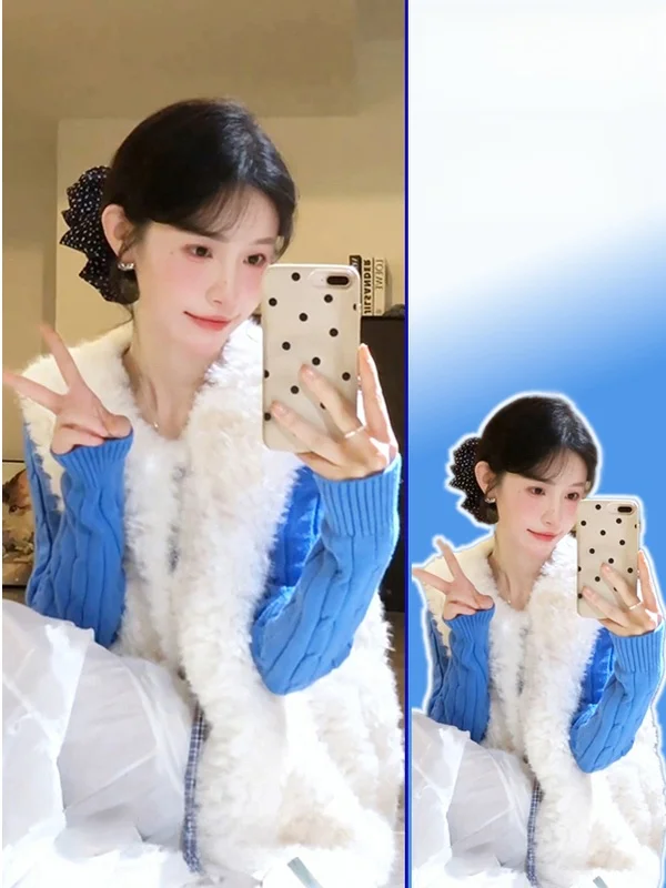 

College Sle round Ne Sweater And Lamb Fur Vest plus Size Lazy Faion Two Piece Set Warm Knitted Long Sve for Women