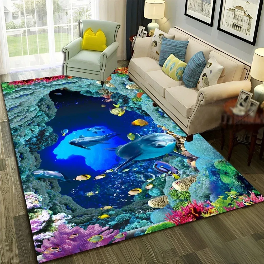 Interesting Starfish Shark Beach Ocean Element Carpet 3D Ocean Beach Visual Carpet Home Decoration Gift