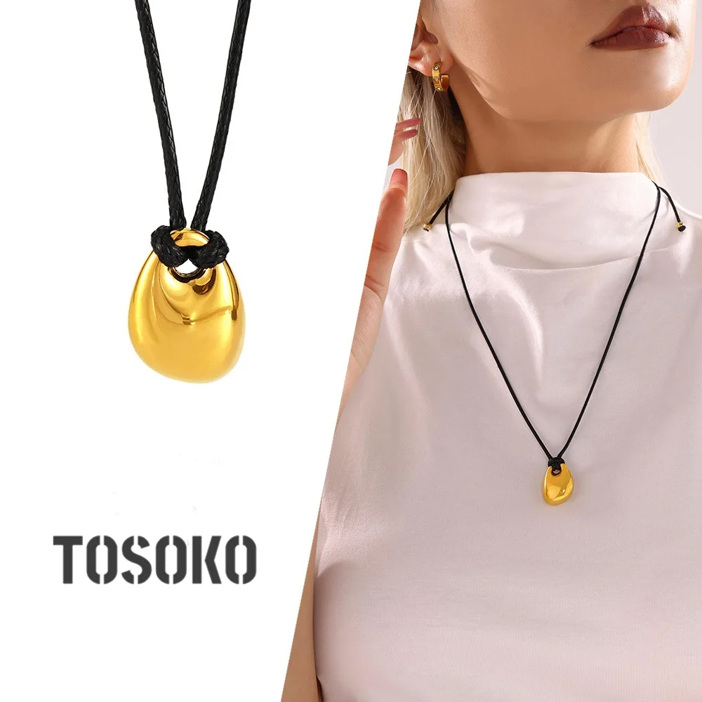 TOSOKO Stainless Steel Droplet Shaped Pendant With Black Leather Rope And Adjustable Drawstring Sweater Necklace For Women M075